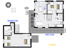 Aurora's floor plan showing two levels, one bedroom, plus loft bedroom and two bathrooms.