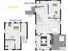 Chickadee's floor plan showing two levels, two bedrooms and two bathrooms.