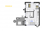Moonbeam's floor plan shows one bedroom and one bathroom.