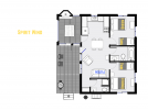 Spirit Wind's floor plan showing two bedrooms and two bathrooms.