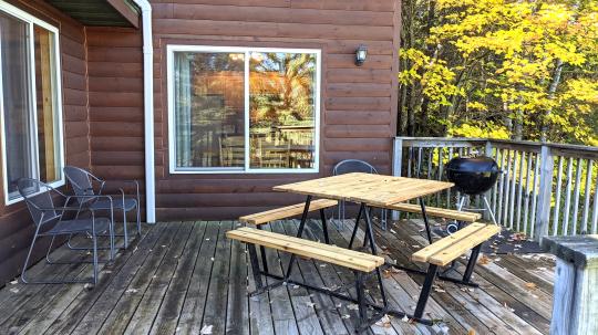 Deck area with charcoal grill, picnic table, seating, and views of Lake Vermilion.