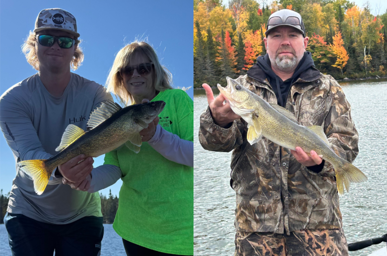 Guide Jake Panichi and a client with an eater walleye, and a client holding a walleye. 