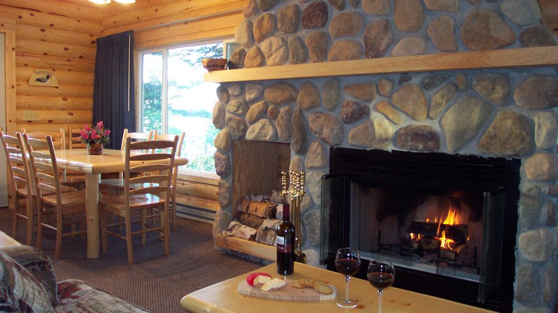 Comfortable fire place in a Lake Vermilion cabin