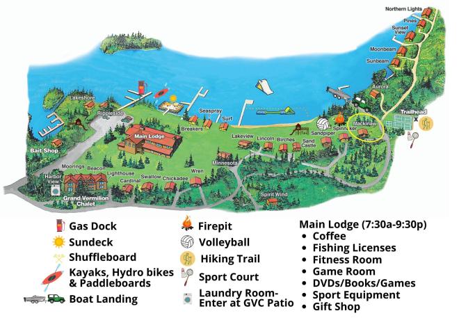 Resort map with Mackinaw circled; located near the beach.