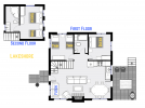 Lakeshore's floor plan that shows two bedrooms, plus loft bedroom and two bathrooms.