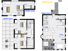 Mackinaw's floor plan showing three levels, three bedrooms and two and a half bathrooms.