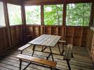 Screened porch with a picnic table.