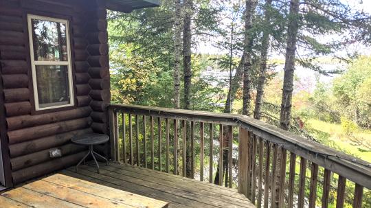 Deck area with picnic table and views of the lake.