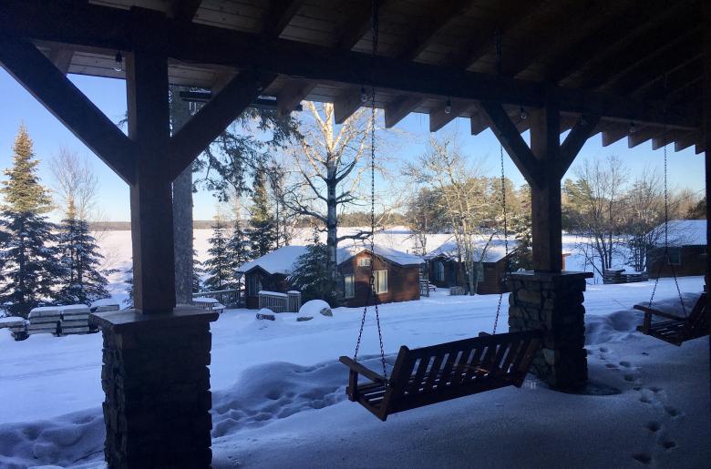 View from Lodge in winter- with snow and frozen lake
