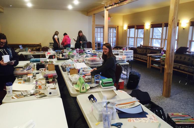 A Crafting group in the Grand Vermilion Chalet during winter