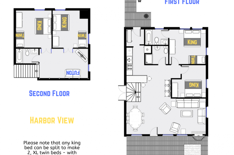 Harbor View's floor plan showing two levels, four bedrooms, and three bathrooms.