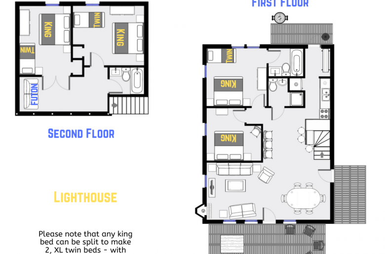 Lighthouse's floor plan showing two levels, four bedrooms, and three bathrooms.