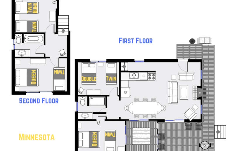 Minnesota's floor plan showing two levels, four bedrooms, and two bathrooms.